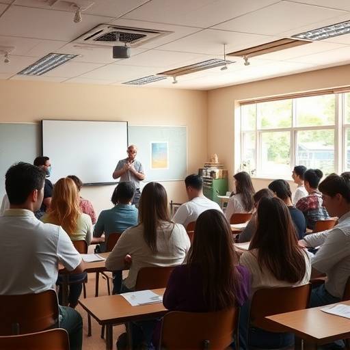 Interior de un aula con personas participando en un taller de oratoria