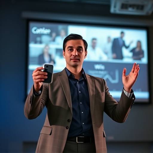 Persona dando una presentación impactante con proyector y diapositivas.